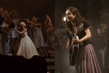 a woman in a white dress is standing in front of a crowd of people