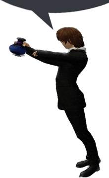 a man in a tuxedo is holding a blue vase with a speech bubble above him