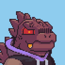 a pixel art of a monster with red eyes and a purple scarf around his neck