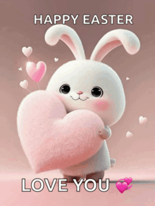 a bunny holding a pink heart with the words happy easter love you below it