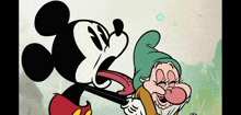 a cartoon of mickey mouse and a dwarf with their tongues out