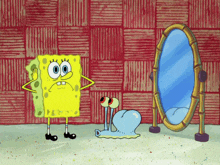 a cartoon of spongebob standing next to a blue snail and a mirror