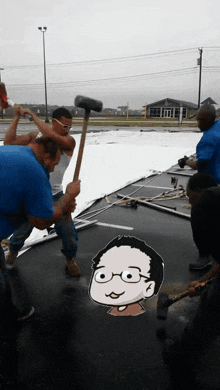 a group of men are working on a roof with a cartoon of a man holding a hammer in front of them