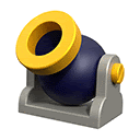 a blue and yellow toy cannon with a yellow ring around it .