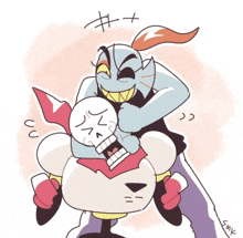 papyrus is riding on the back of a cartoon character while undertale characters are fighting each other .