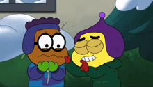 a cartoon character with glasses and a purple hat