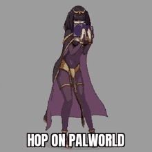 a pixel art illustration of a woman in a purple cape holding a box .