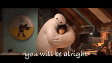 a cartoon character is hugging another cartoon character with the words " you will be alright " written below it