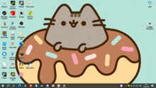 a computer screen shows a cartoon cat sitting on a donut with sprinkles