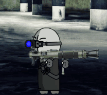 a cartoon character holding a rocket launcher with a blue light on it