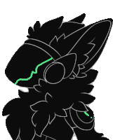 a black and white drawing of a furry animal with a green line going through its eyes .