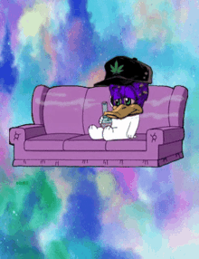 a cartoon duck sitting on a purple couch