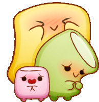 a cartoon of a marshmallow with a sad face next to a yellow marshmallow and a green marshmallow