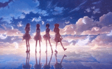 a group of anime girls are standing in front of a body of water .