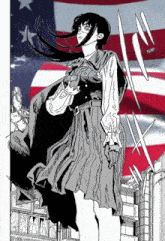 a black and white drawing of a woman standing in front of an american flag with the word flap below her