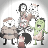 a group of cartoon characters are around a campfire