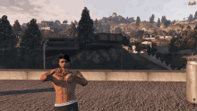 a shirtless man with a tattoo on his chest is standing on a rooftop in a video game