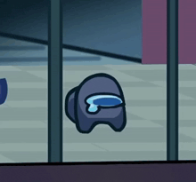 a cartoon character from among us is sitting on the floor in a room behind bars .
