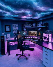 a room with a purple ceiling and a desk that says phoenix