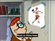 a cartoon character says " stunt on these hoes " while looking at a picture of a football player