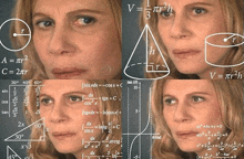 a woman 's face is surrounded by math equations