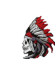 a skull wearing a red , white and black headdress with feathers .