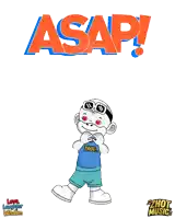 a cartoon character is standing in front of a sign that says asap