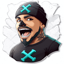 a cartoon drawing of a man wearing a beanie and a shirt with x 's on it