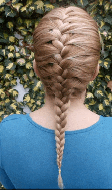 the back of a woman 's head with a braided hairstyle