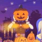 a cartoon character with a pumpkin on his head .