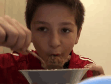 a young boy in a red shirt is eating cereal with a spoon