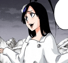 a cartoon girl with long black hair is wearing a white coat and a white hat .