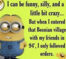 a picture of a minion with a caption that says i can be funny , silly , and a little bit crazy