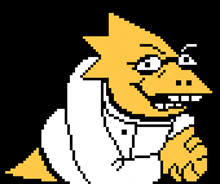 a pixel art drawing of a yellow and white cartoon character with glasses