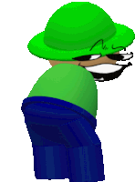 a cartoon character wearing a green hat and blue pants is making a funny face .
