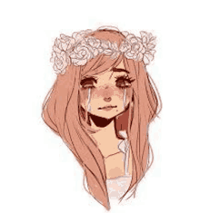 a girl with a flower crown on her head is crying and has tears running down her face .