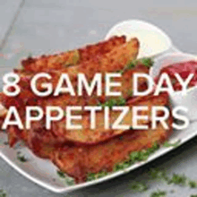 a plate of food with the words `` 8 game day appetizers '' written on it is on a table .