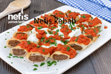 a plate of nefis kebab with tomato sauce and yogurt