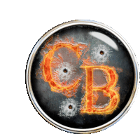 a circle with bullet holes and the letter b in flames