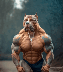 a very muscular dog with a tattoo on his arm