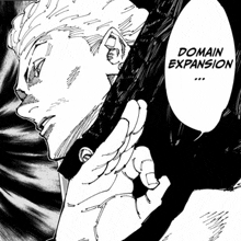 a black and white drawing of a man with a speech bubble that reads domain expansion