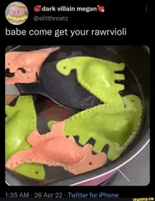 a picture of ravioli in the shape of dinosaurs being cooked