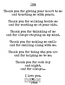 a black and white poem that says i love you dean