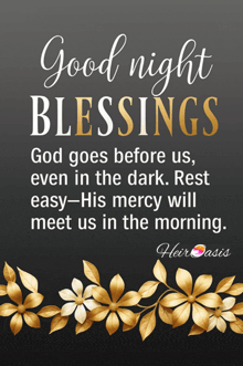 a poster that says good night blessings with gold flowers on it