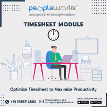 a poster for peopleworks timesheet module shows a man sitting at a desk with a laptop