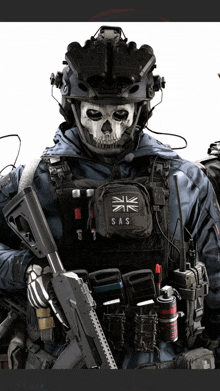 a soldier with a skull on his helmet and a sas vest