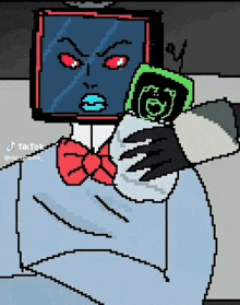 a pixel art drawing of a person with a tv head and a bow tie holding a cell phone .