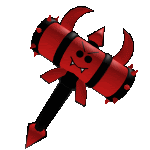 a red and black hammer with horns and spikes on it .