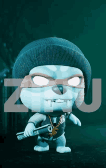 a cartoon character wearing a beanie and holding a gun with the letter z in the background