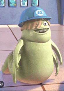 a cartoon character wearing braces and a blue hard hat